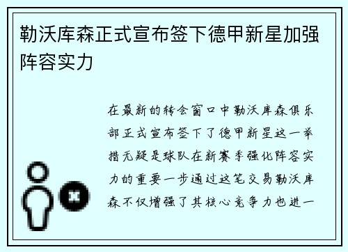勒沃库森正式宣布签下德甲新星加强阵容实力 勒沃库森正式宣布签下德甲新星加强阵容实力