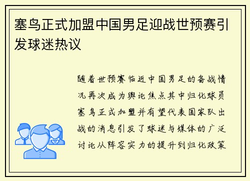 塞鸟正式加盟中国男足迎战世预赛引发球迷热议 塞鸟正式加盟中国男足迎战世预赛引发球迷热议